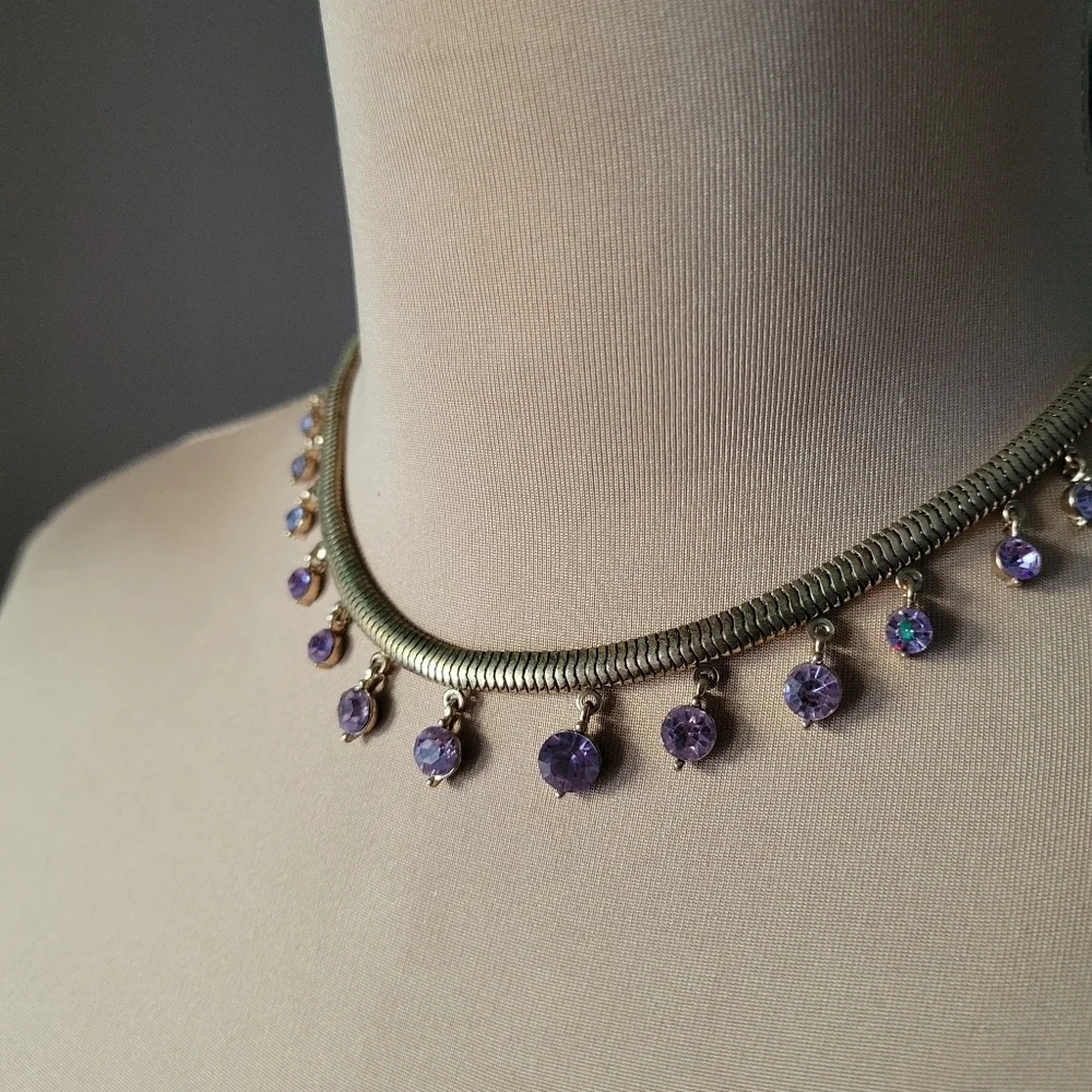 Stunning Gold Toned Choker Necklace with‎ Purple Crystal Drops